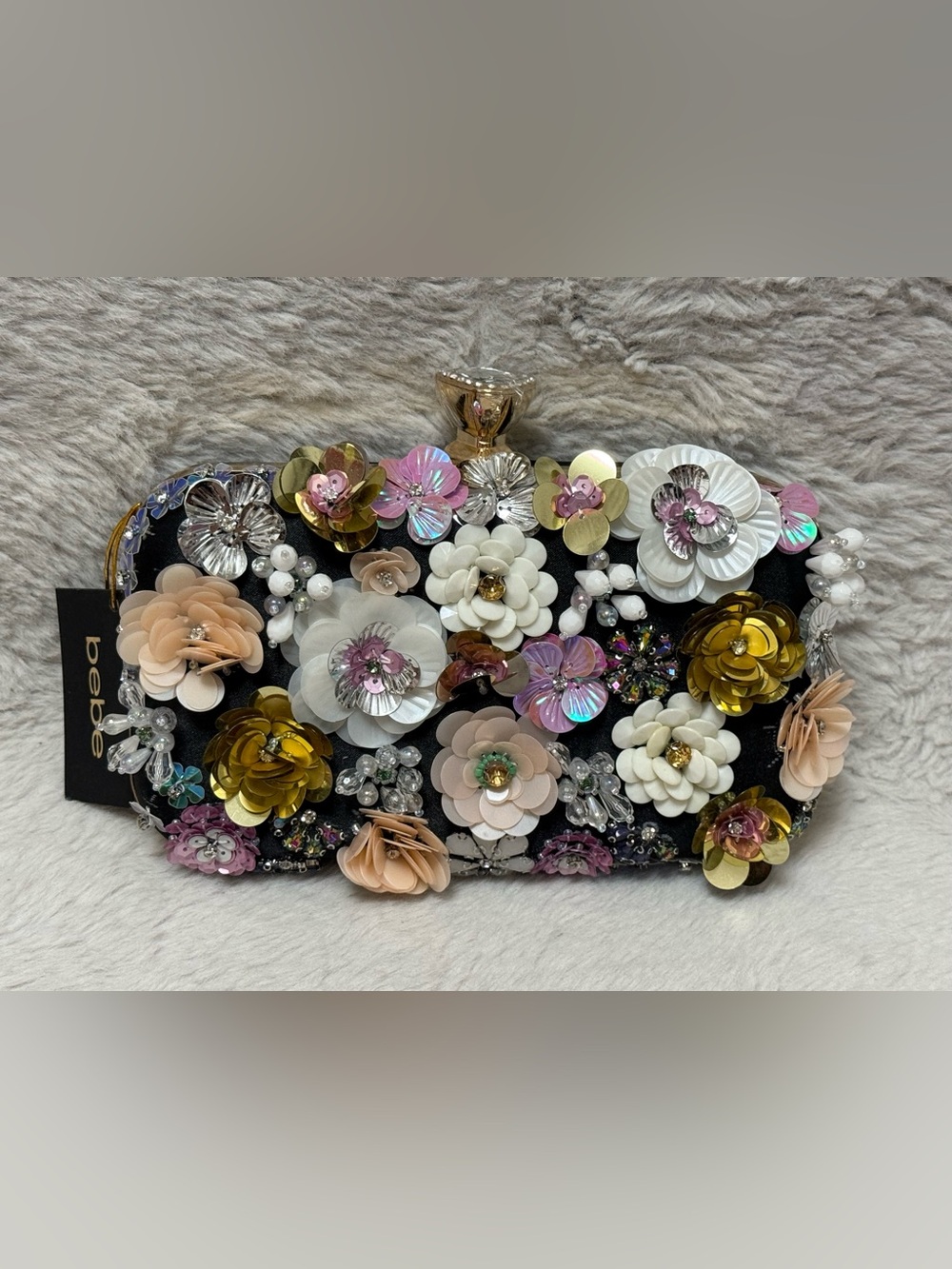 bebe Floral Sequin Embellished Clutch in White, Gold & Pink